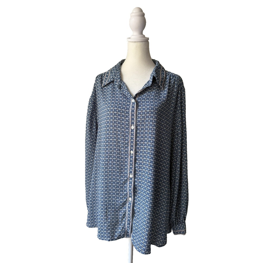 Max Studio Blue White Womens 3X Plus Floral Geometric Boho Long Sleeve Button Up